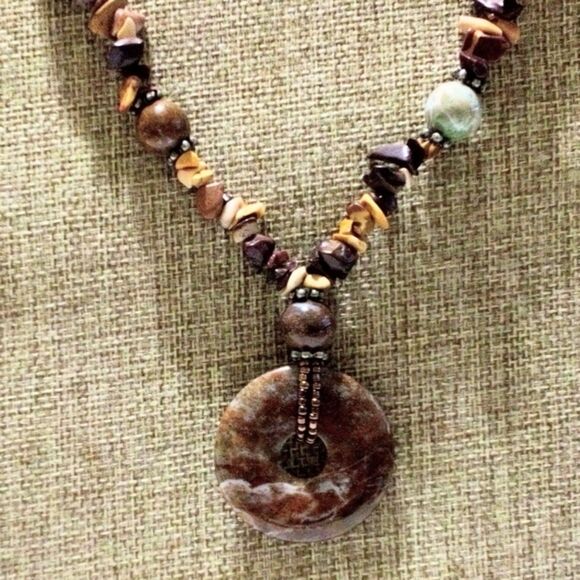 Boho Inspired Multi-Color Semi Precious Stone Donut Pendant Necklace - Picture 1 of 7